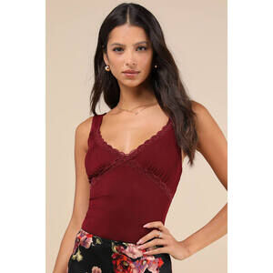 Lulus Perfectly Effortless Burgundy Mesh Lace Sleeveless Bodysuit Red - Size M